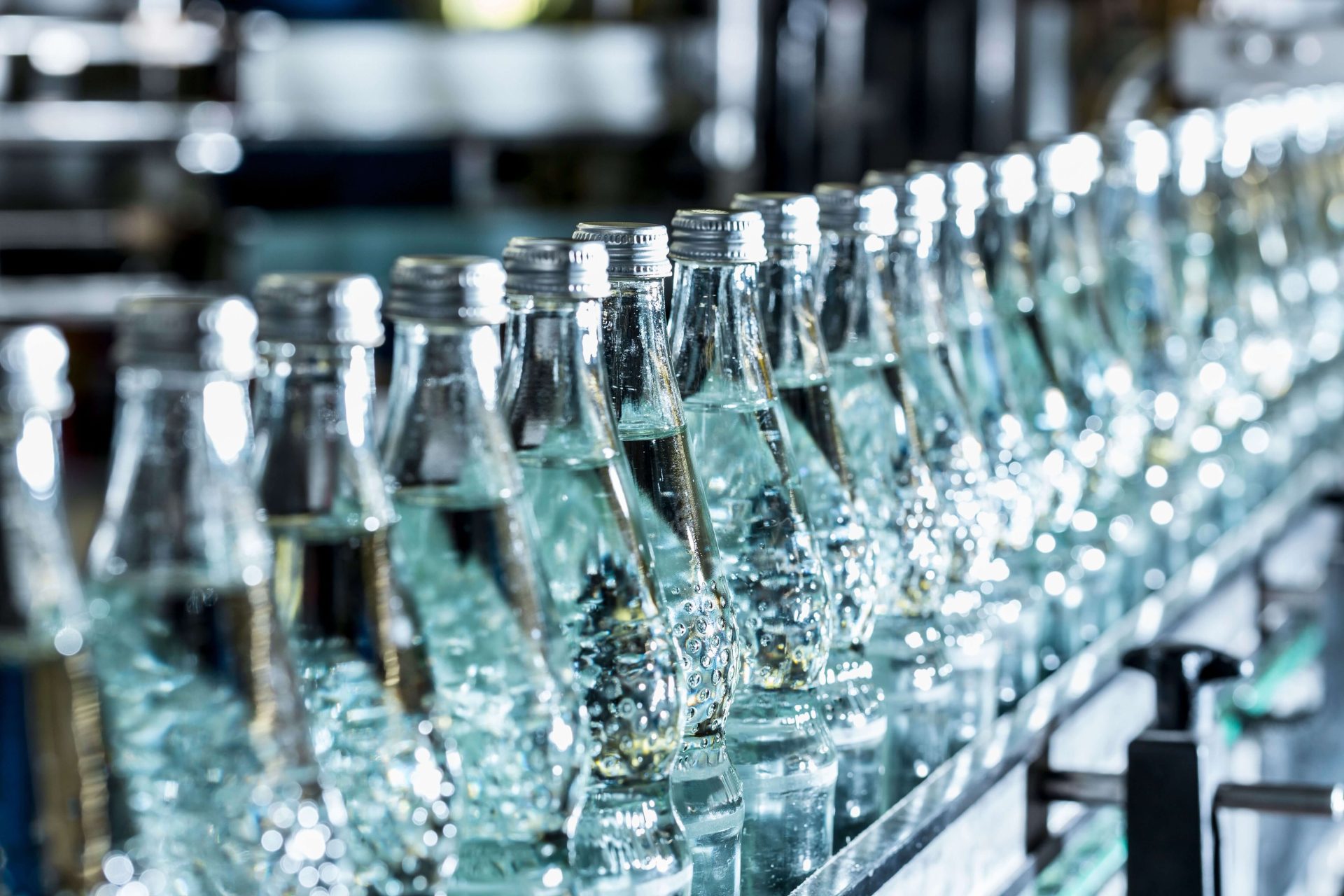 Bottled water in an assembly line