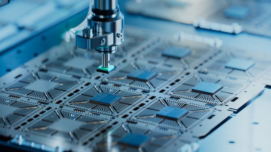 Semiconductor chips on a wafer tray under a precision pick-and-place head